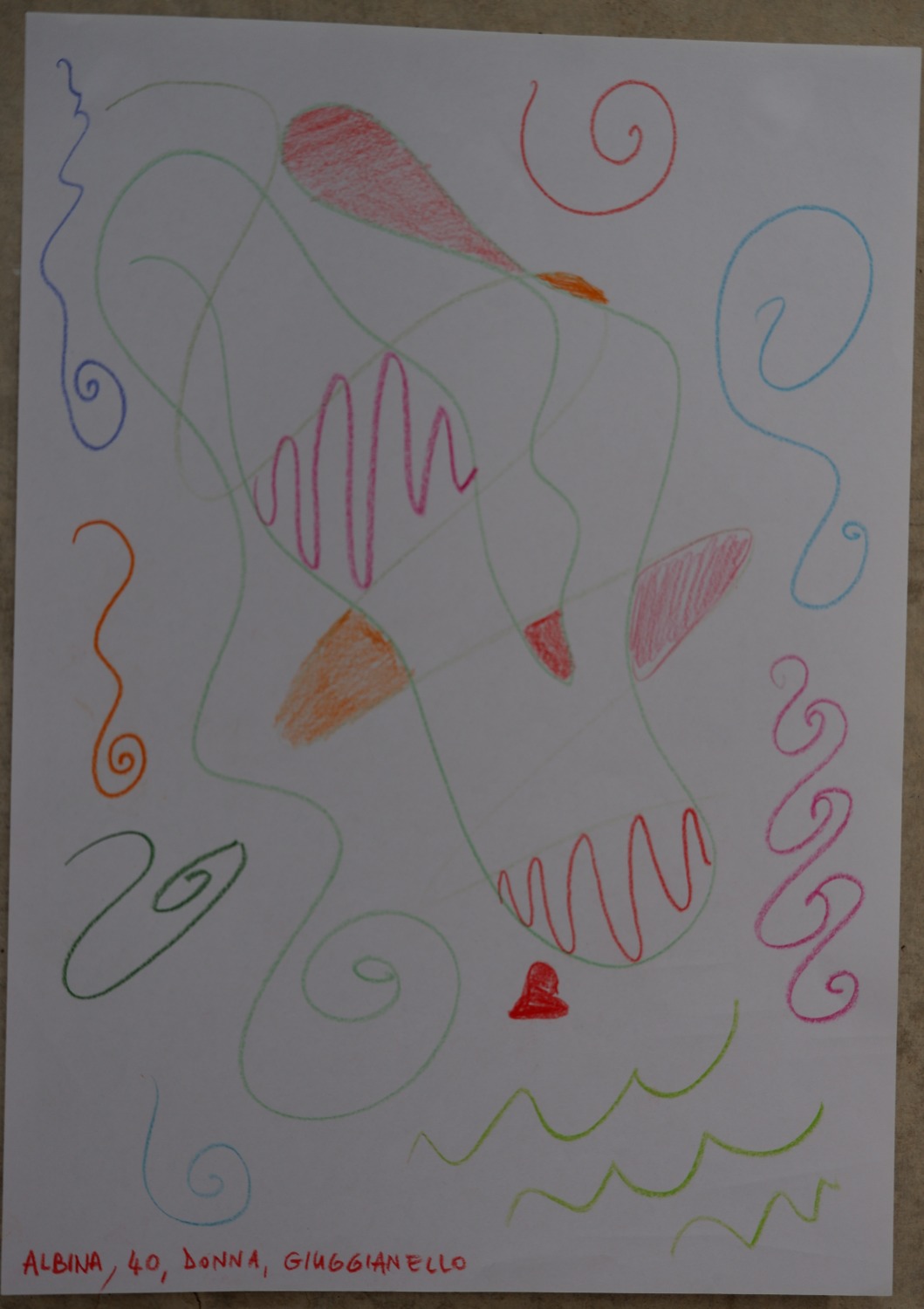 Abstract drawing of tangled coloured lines and spirals representing childhood emotions in the countryside