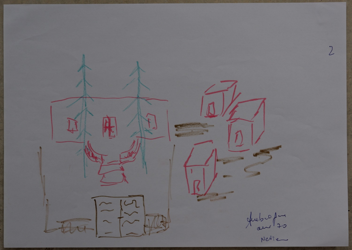 Drawing of the same country house now, shuttered, with houses standing where the vineyard used to be