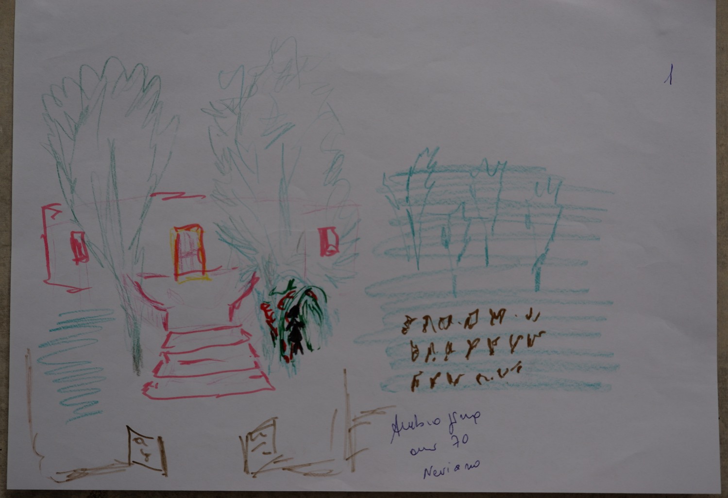 Drawing of a country house with a hut of branches and a vineyard behind it