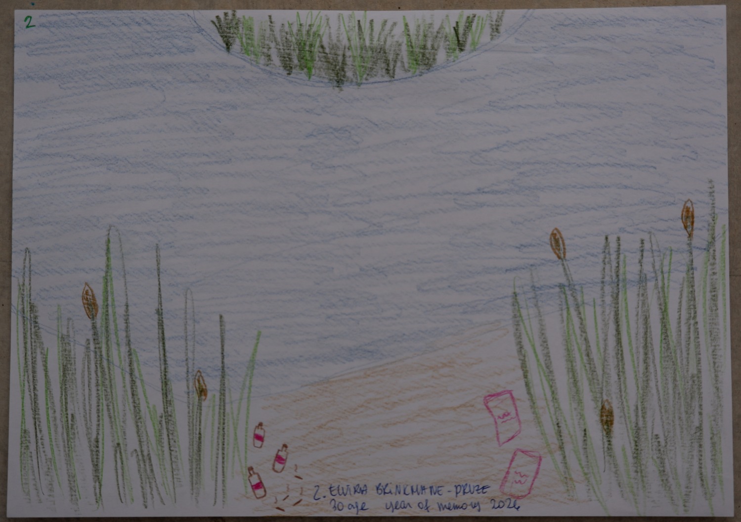 Drawing of the same riverbank now, with the same reeds but bottles, cans and litter scattered on the sandy path