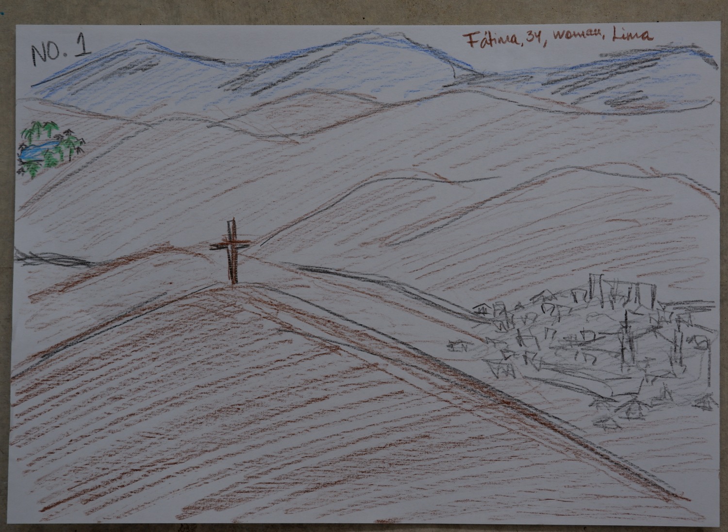 Drawing of bare desert hills and mountains with a wooden cross on a ridge, a small oasis, and a distant hillside town