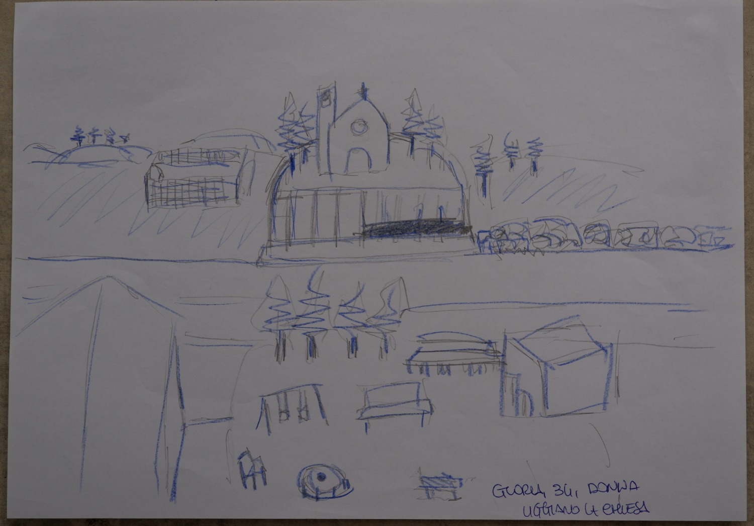 Drawing of the same sanctuary today, drawn in cool, closed-off outline