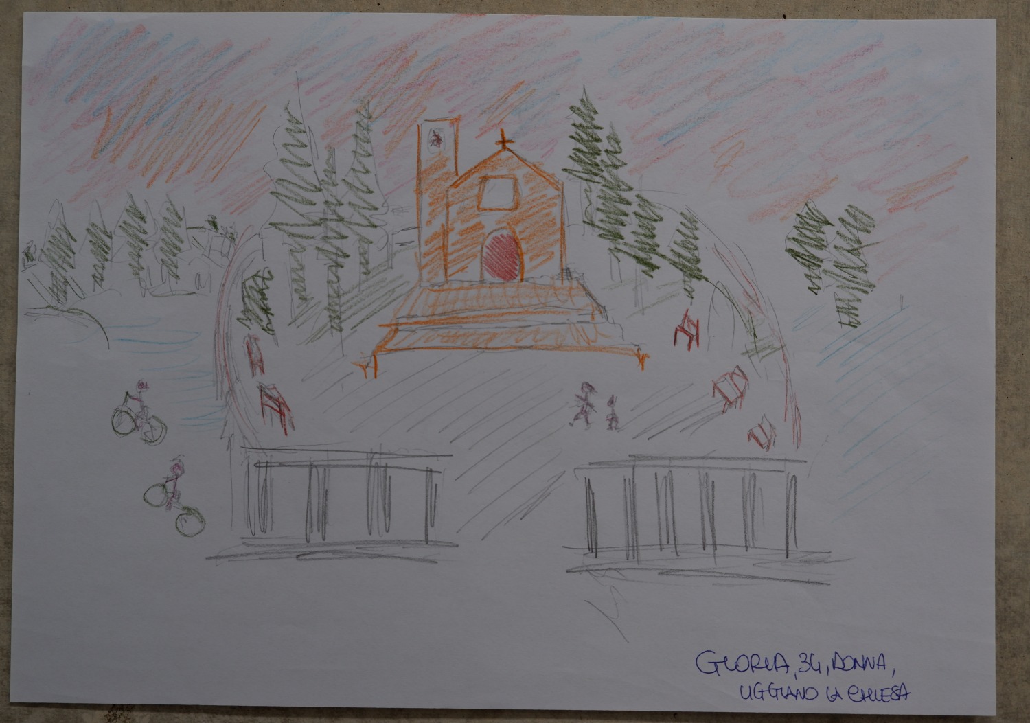 Drawing of the Santuario dei Santi Medici in the countryside, with cyclists arriving
