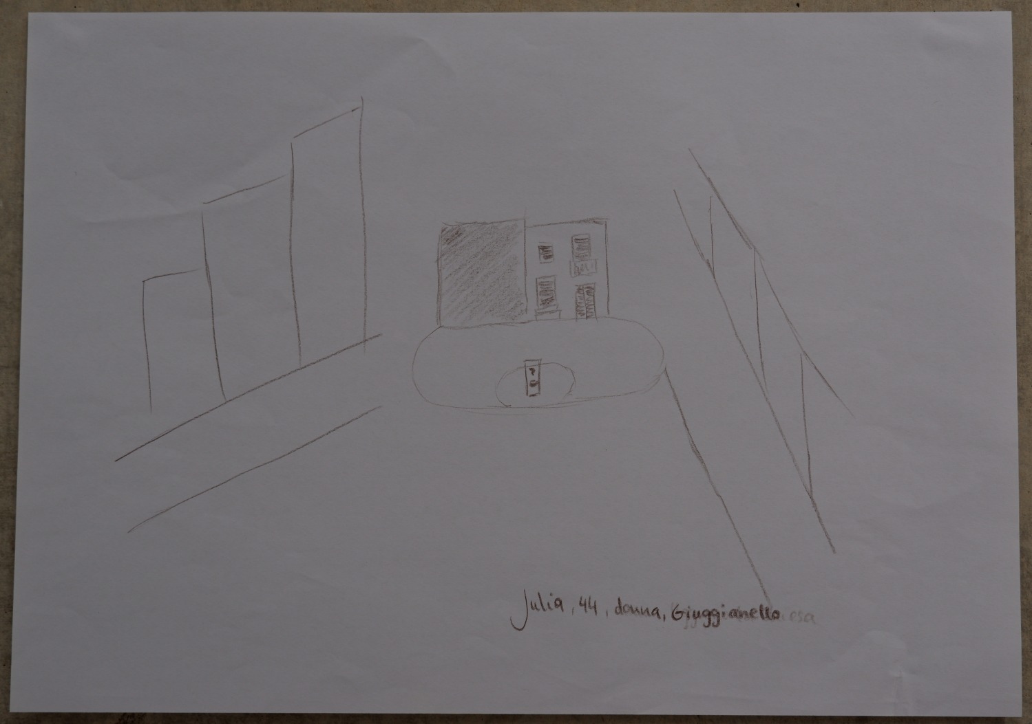 Drawing of the same little square now, as anonymous houses with an empty fountain