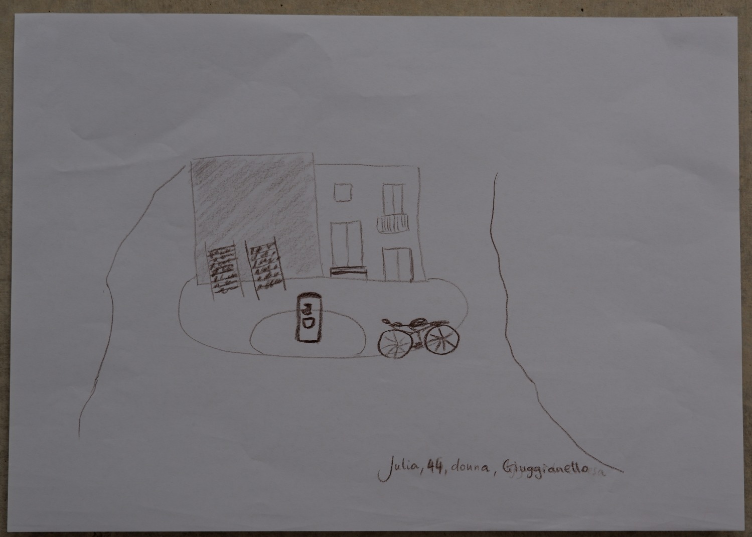 Drawing of the little square by the grandparents' house, with tobacco leaves drying, a fountain, and a bicycle