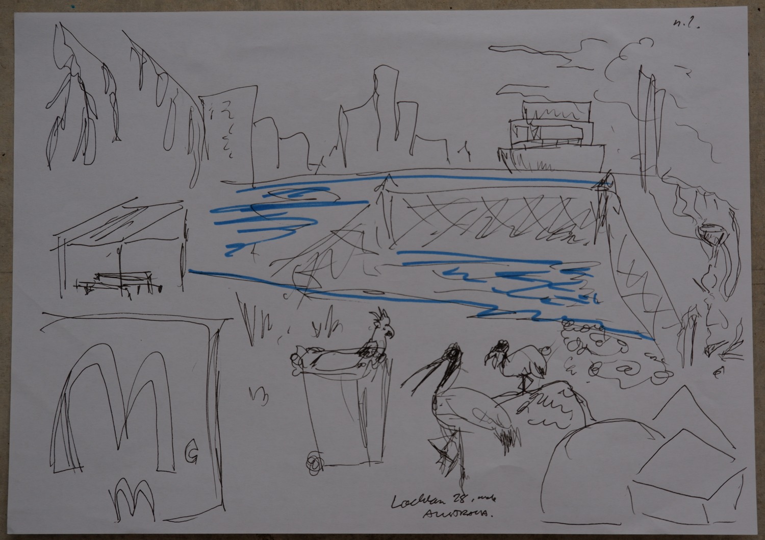 Drawing of the same park now, with a city skyline, a shark net, a wharf, a McDonald's sign, a wheelie bin, ibises and a cockatoo