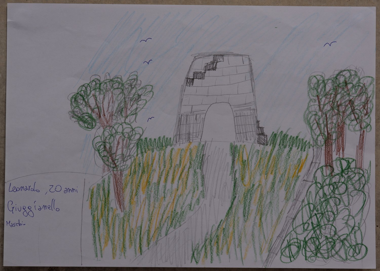 Leonardo's drawing of a pagliaro on a hill above Giuggianello, remembered from 2016-2017