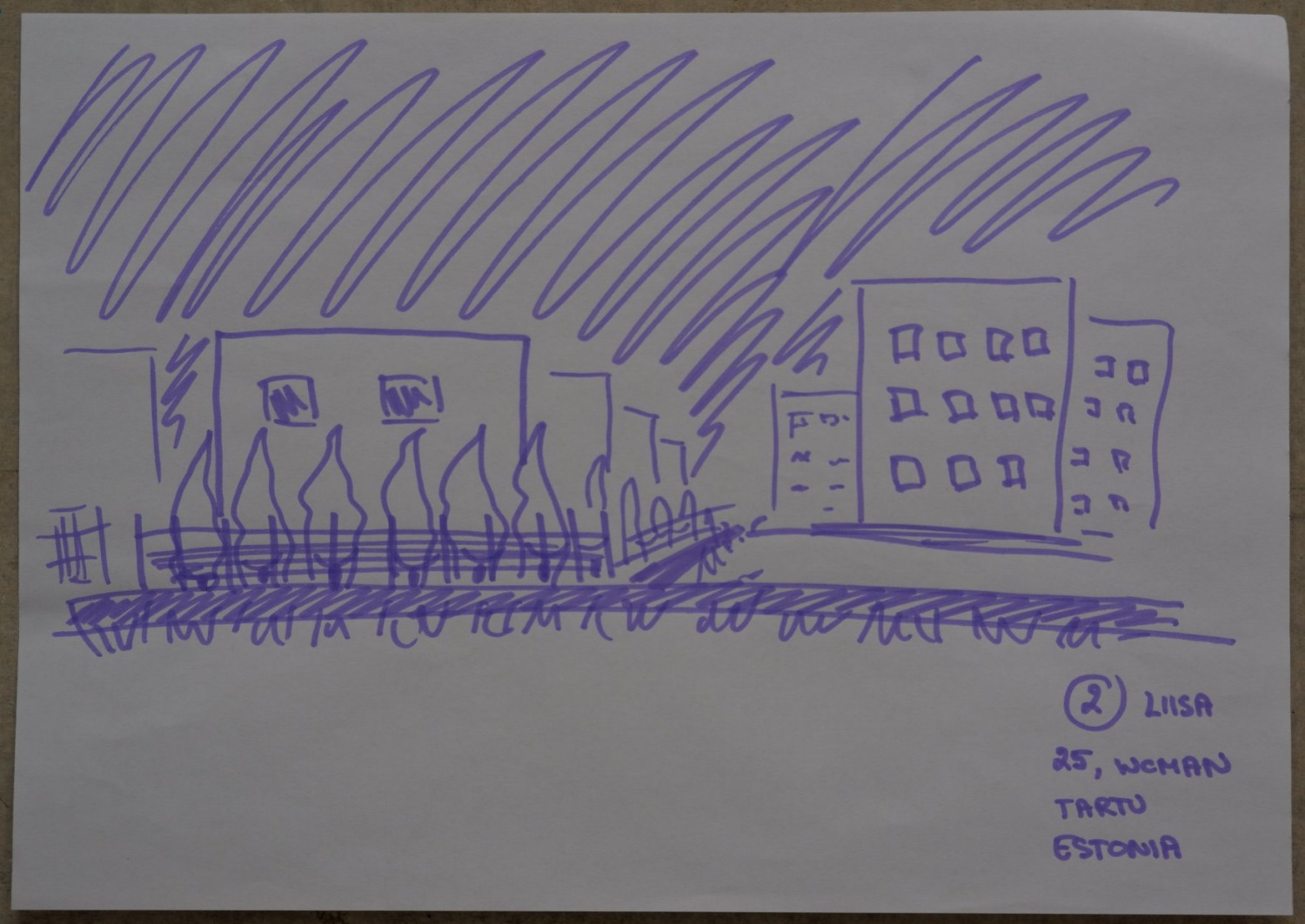 Drawing of the same spot now, as a street lined with burning-bush hedges and apartment buildings