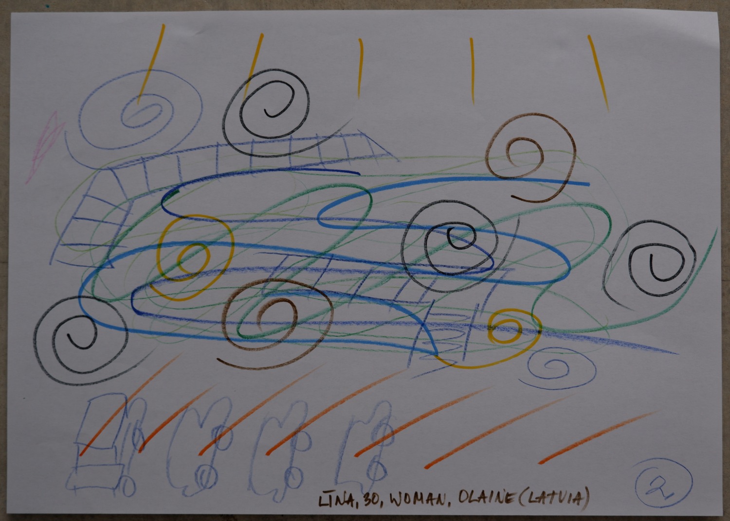 Abstract drawing of the same quarry now, denser and more tangled, with a car, a ladder, and grid-like walkway structures among the spirals