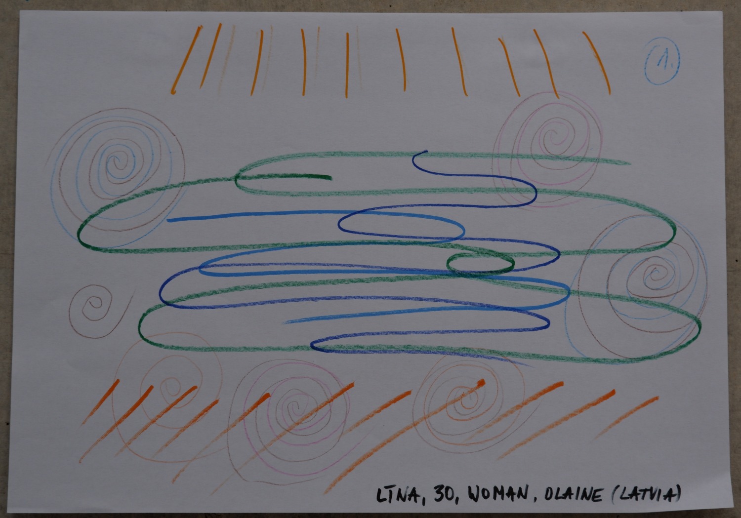 Abstract drawing of loose spirals and looping lines in blue, green and orange, representing a quiet quarry
