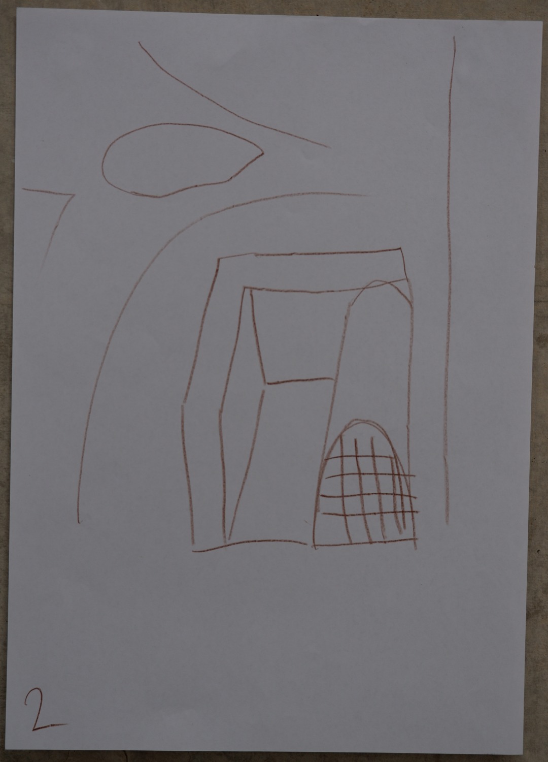 Drawing of the same view now, reduced to bare outlines of a wall, a tree and railings, mostly empty page