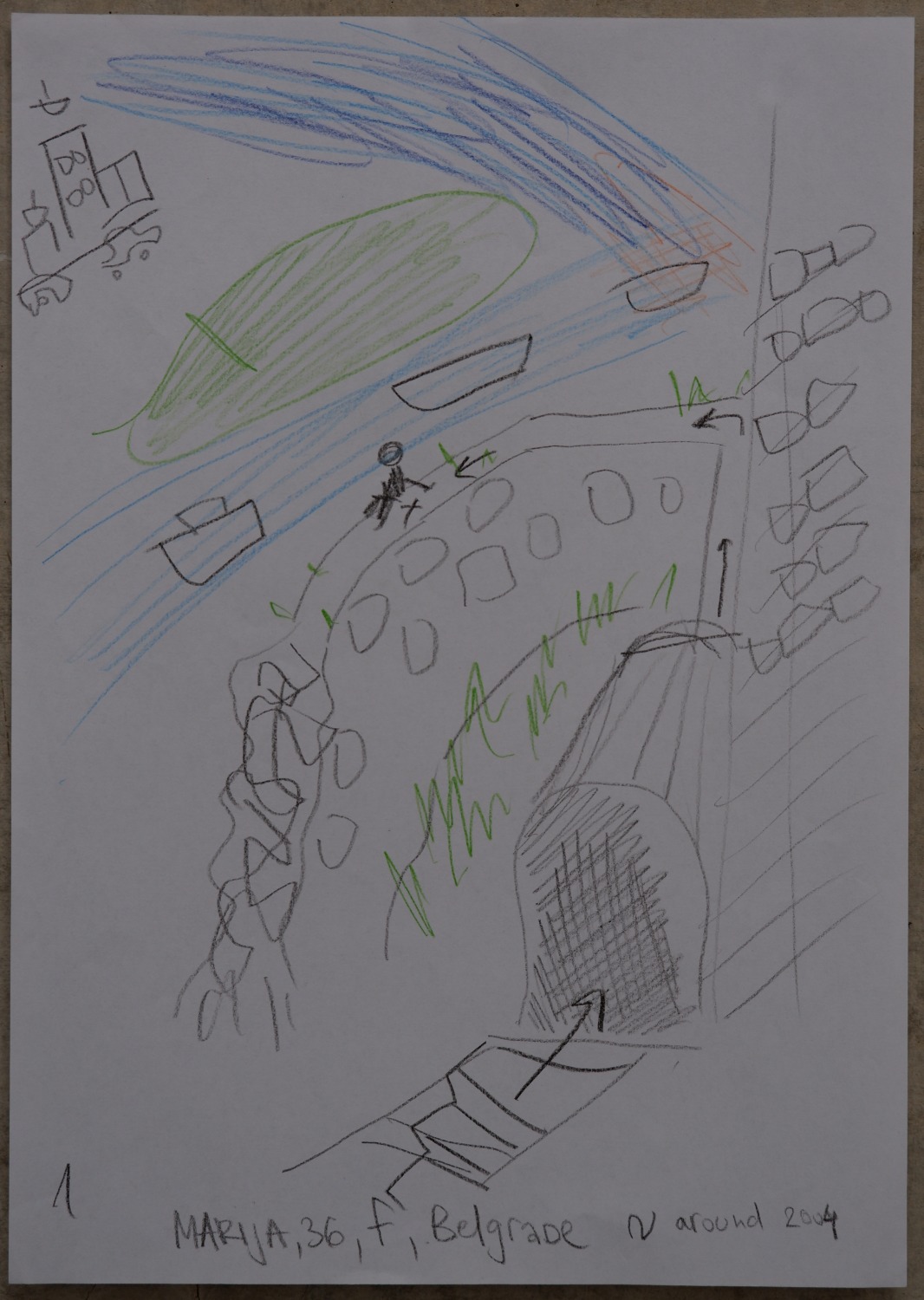 Drawing of a fortress wall along a path above a river, with a lamppost, a figure, boats and city buildings beyond