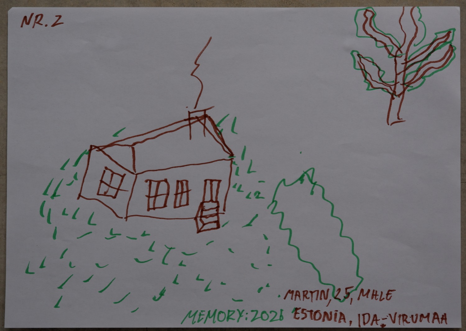 Drawing of a house with smoke rising from its chimney, with the same oak now small and distant in the corner