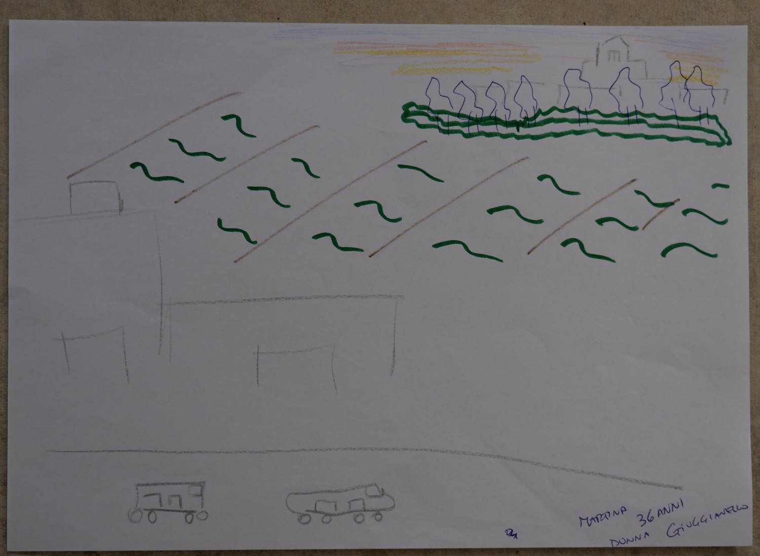 Drawing of the same countryside now, with the well and children replaced by two faint pencil-drawn vehicles and a building