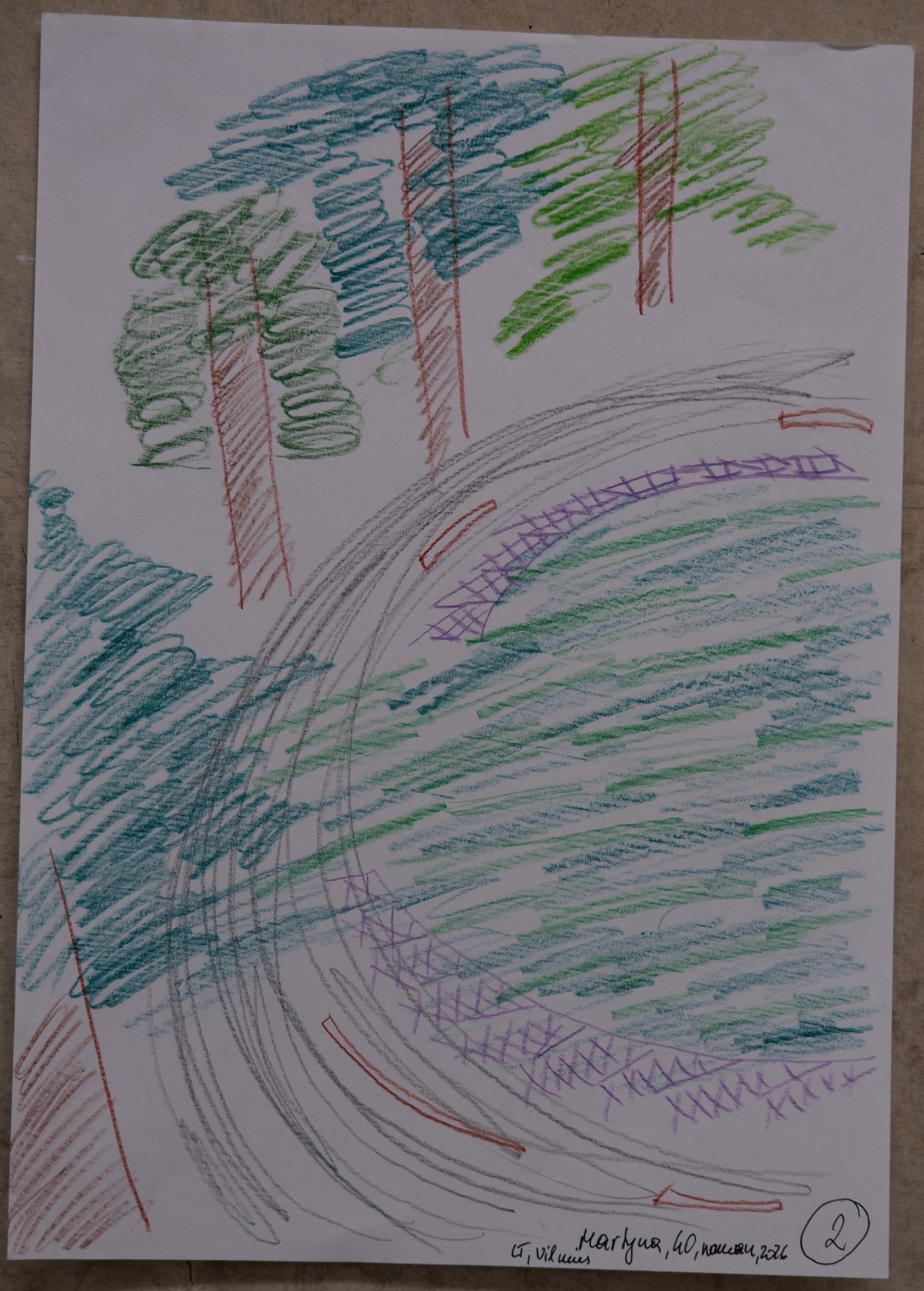 Drawing of the same place now, with trees, a curving grey paved path and a purple lattice fence along the edge