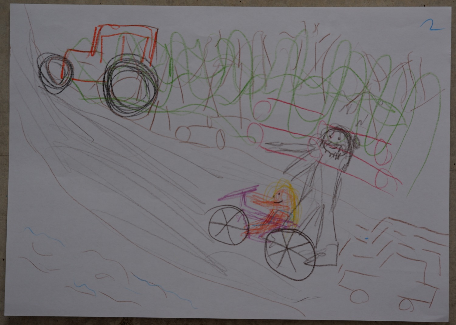 Drawing of the same forest now, with a tractor and cut logs above a child on a bicycle beside an adult