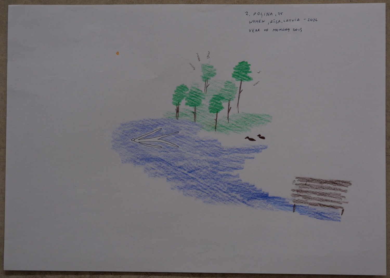 Drawing of the same lake now, with a swimmer, two small birds on the water and a brown dock at the water's edge