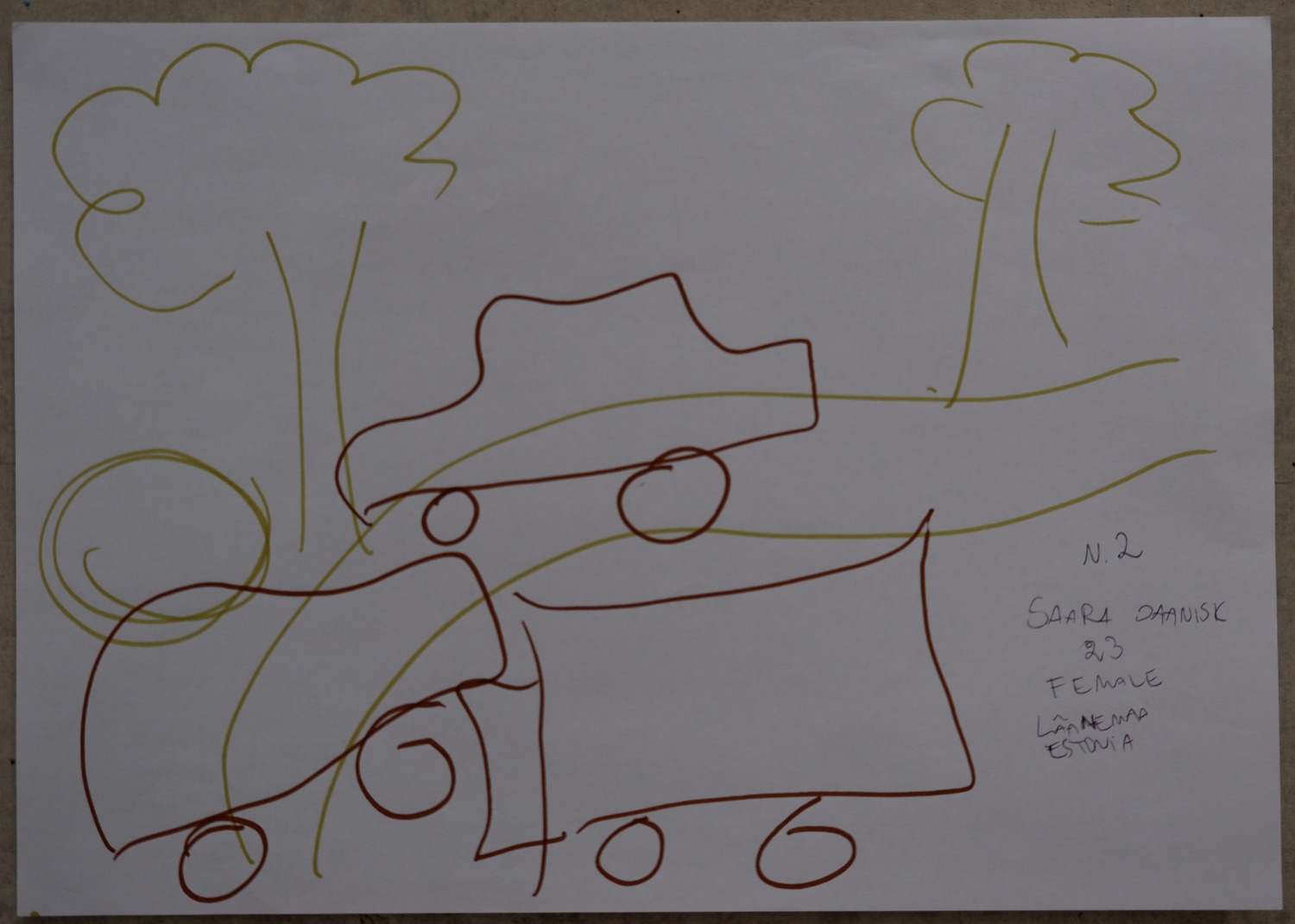 Drawing of the same place now, dominated by outlined cars parked on the lawn, with two distant trees