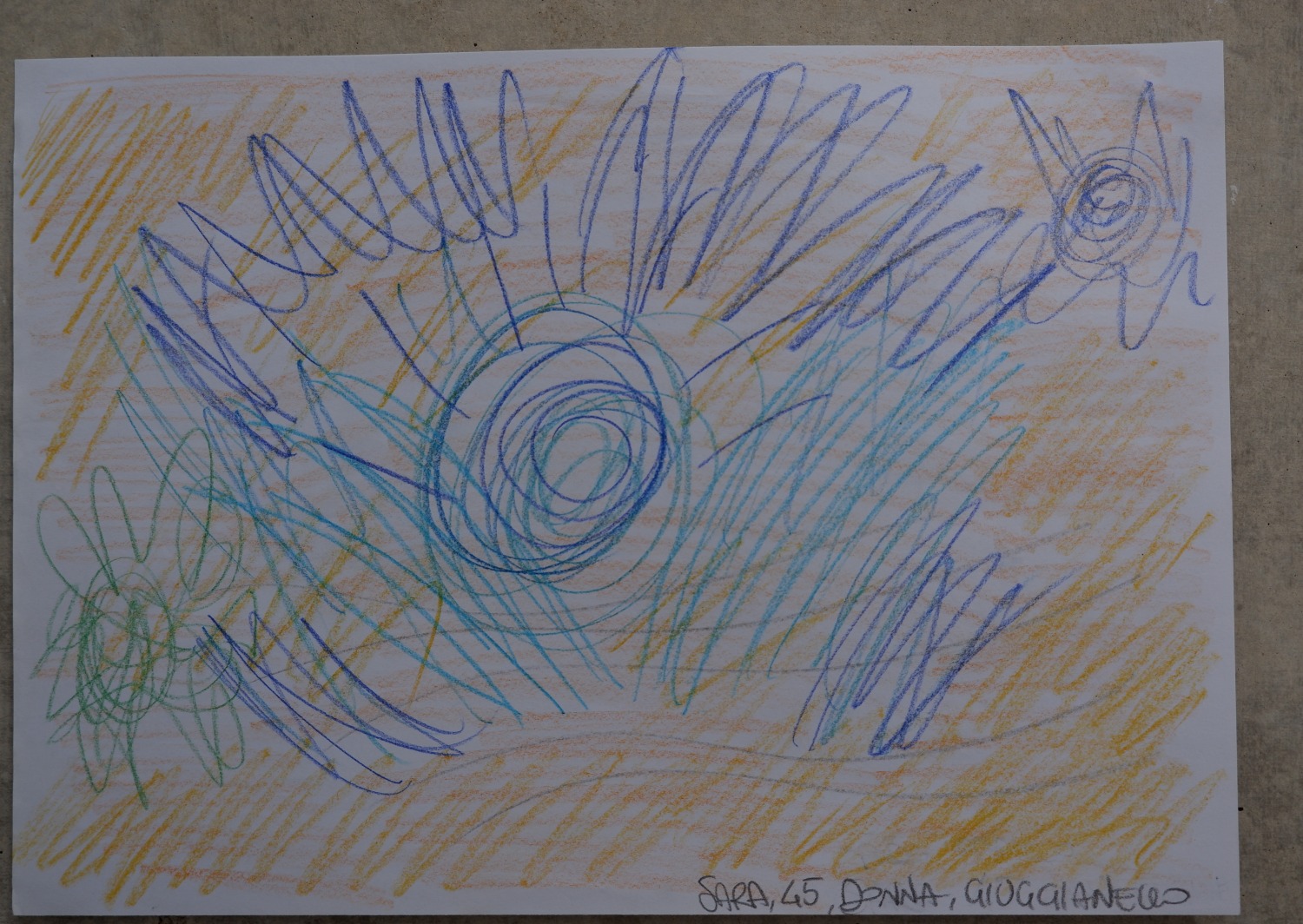 Abstract drawing in warm and cool tones representing diving into the sea at Porto Badisco as a girl