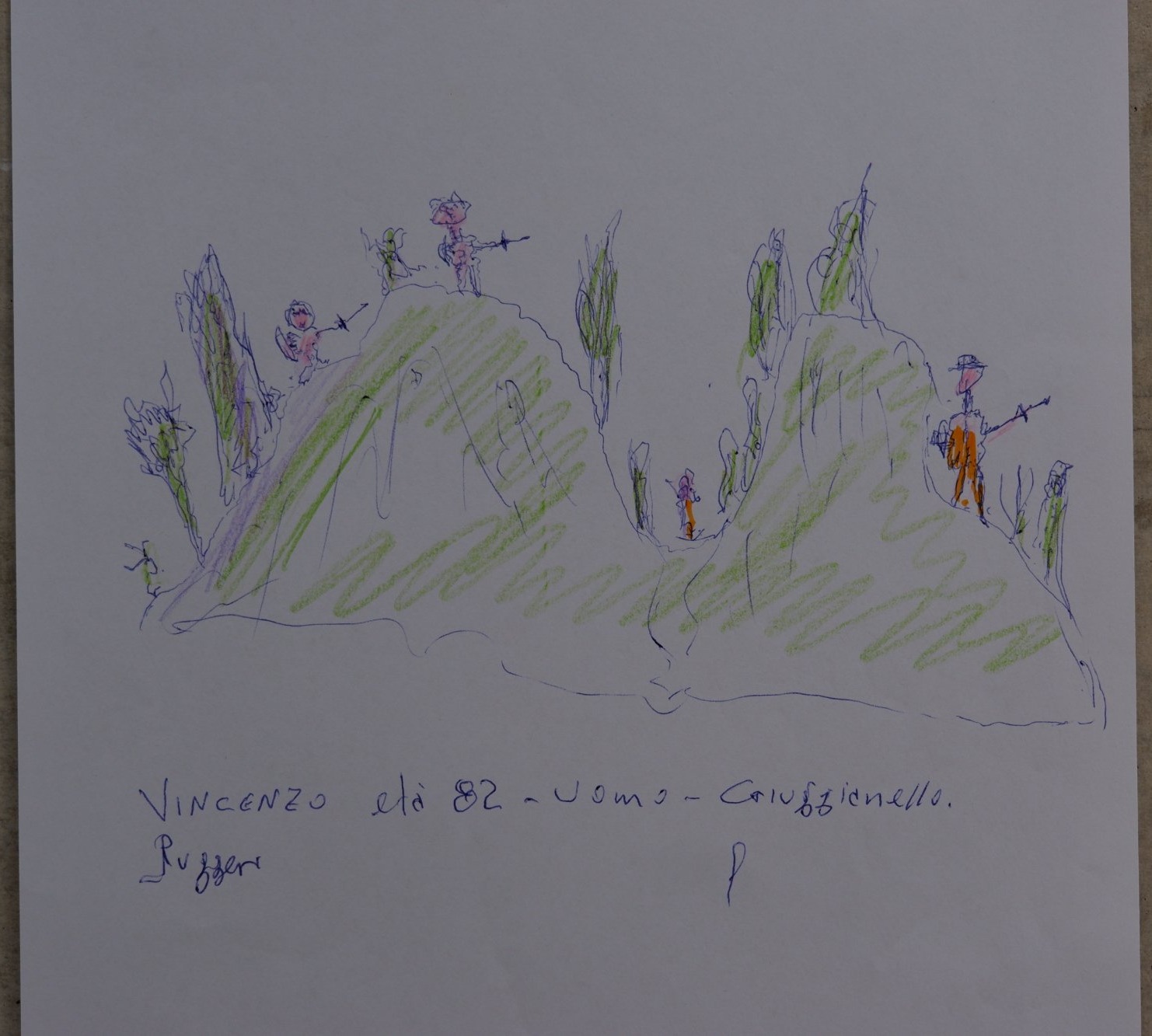 Drawing of children play-acting as crusaders and knights on two green hills on the Serra di Giuggianello
