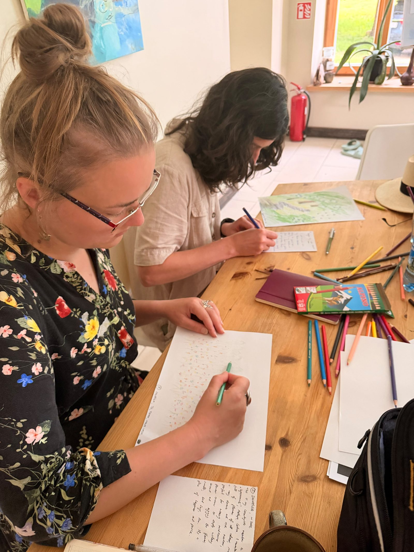 Two participants filling in a colourful drawing of a flower meadow with coloured pencils, a box of Alpino pencils on the table